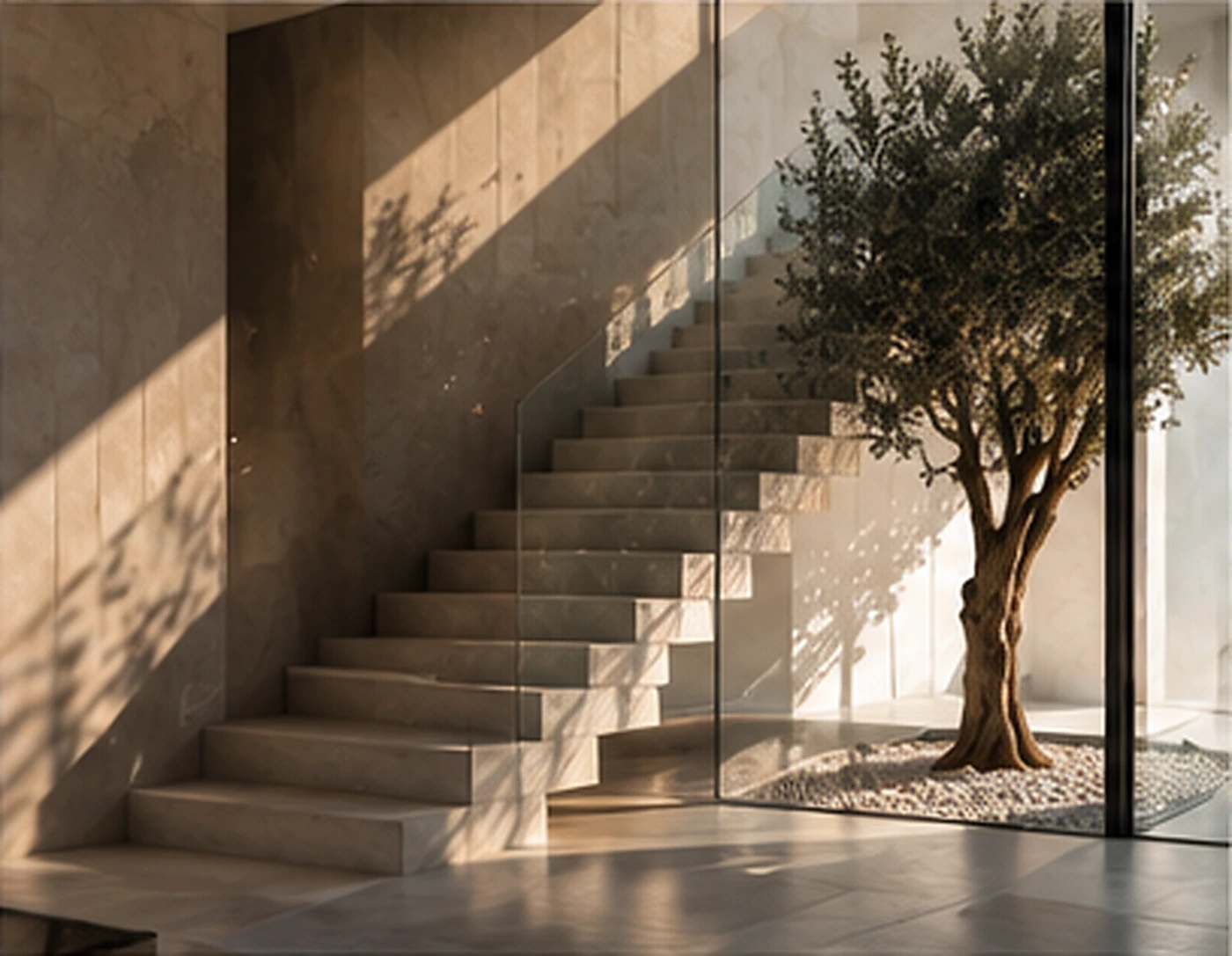 Escalera minimalista con olivo interior