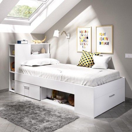Cama compacta con cabecero integrado Lanka Blanca con un cajón y puerta 99 x 96 x 218 cm