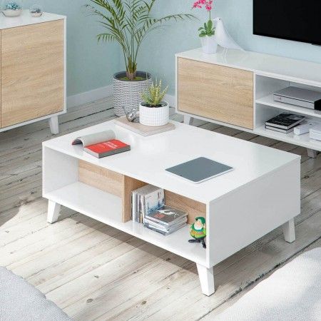 Mesa centro elevable Zaiken Plus blanco Brillo - roble Canadian 100 x 38 - 50 x 68 - 87 cm