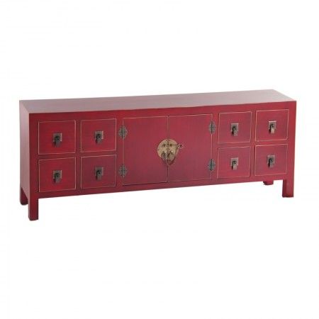 Mueble bajo Oriental Rojo Lacre 8 Cajones y 2 Puertas - 130 x 50,5 x 24 cm