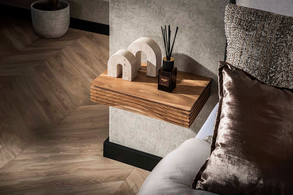 KAWOLA mesita de noche FIRU XL 2 piezas colgante acacia maciza natural 1 cajón
