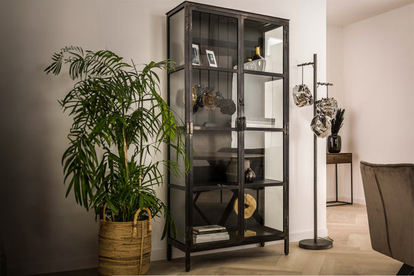KAWOLA Aparador alto ARLES, vitrina de metal negro, 2 puertas
