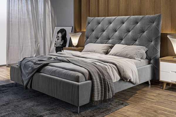 Cama KAWOLA ANNY, cama tapizada en terciopelo gris