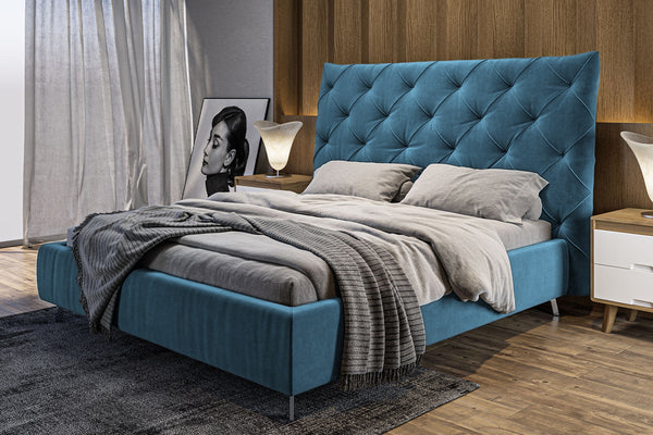 Cama KAWOLA ANNY, cama tapizada en terciopelo color petróleo
