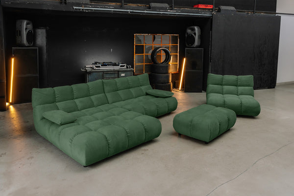 Conjunto de salón KAWOLA VIVIEN: sofá esquinero, sillón giratorio y Banco, en terciopelo esmeralda