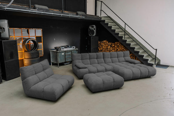 Conjunto de salón KAWOLA VIVIEN: sofá esquinero, sillón giratorio, banco y puf, en Pana fina color antracita
