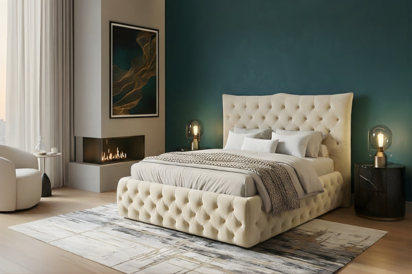 Cama KAWOLA BERTINI, cama tapizada en terciopelo color crema con somier de láminas